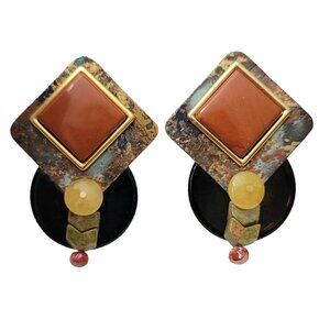 Gold, Brass Tone Artisan Modernist Semi Precious Gemstone Spinner Clip Earrings
